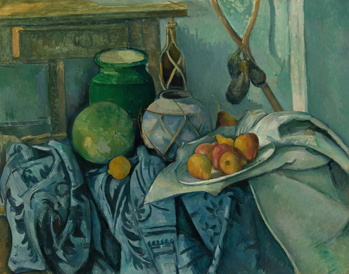 still life fruit wall art featuring apples, grapes, and pears on a rustic wooden table