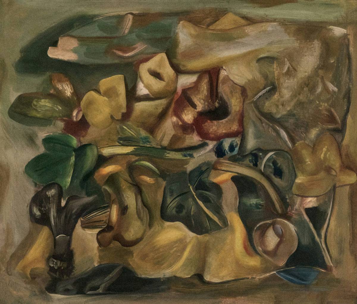 A vintage-style still life oil painting featuring fruit and glassware on a wooden table