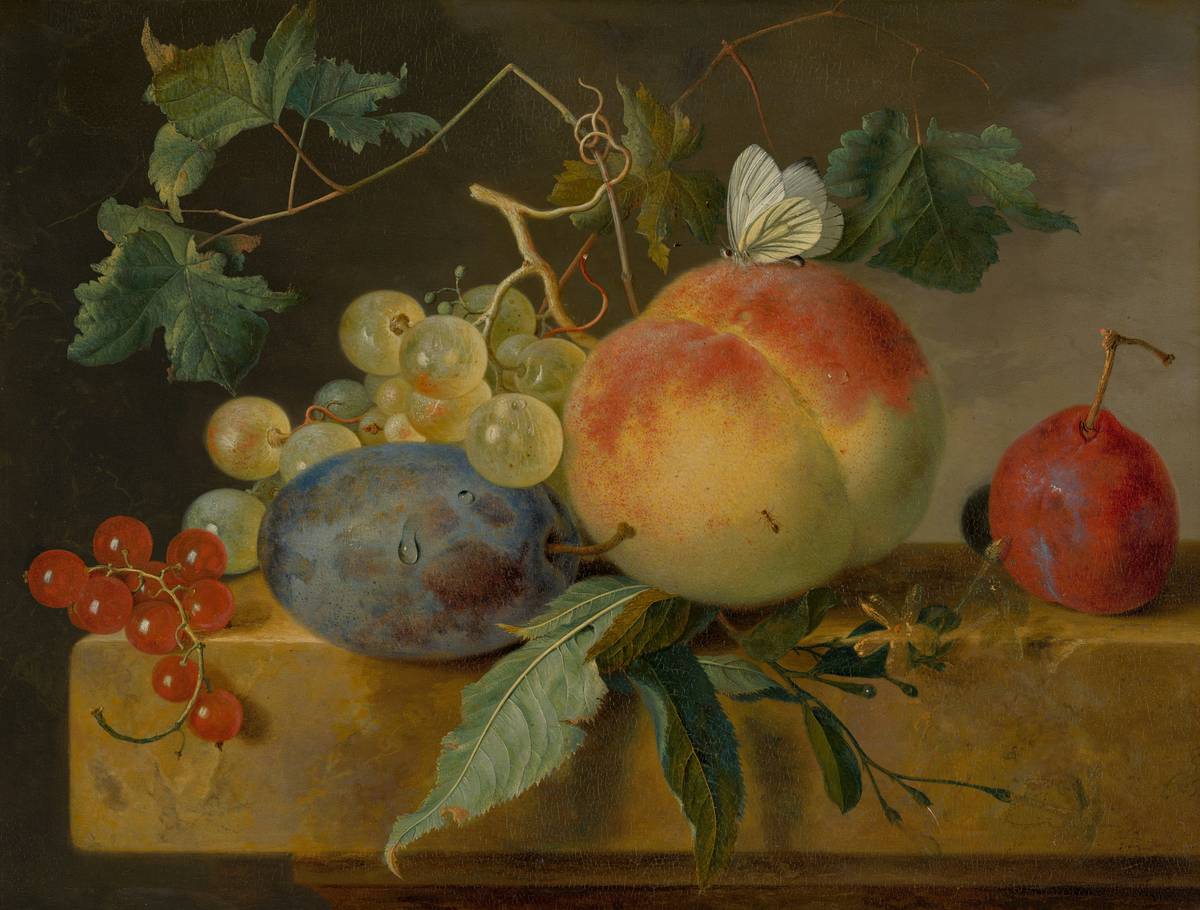 fine art still life paintings featuring vintage books, a ceramic vase, and pears on a wooden table