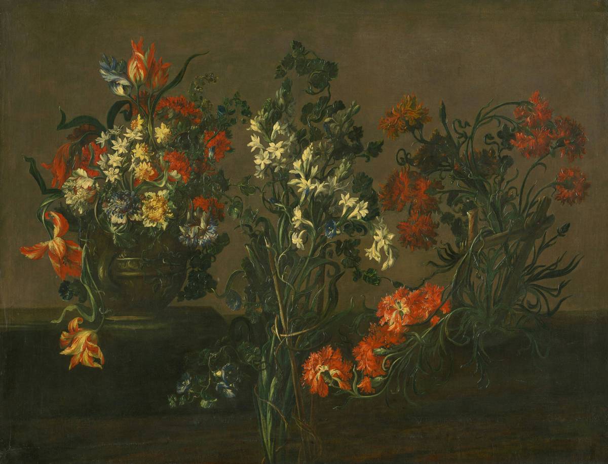A classic oil painting of apples and a ceramic jug displayed above a modern console table—still life art work in a contemporary living room